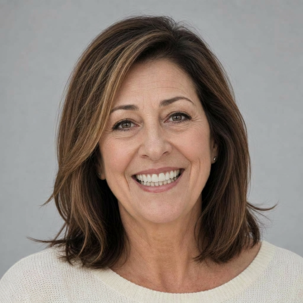 Same patient after implant-supported bridge — full even smile restored