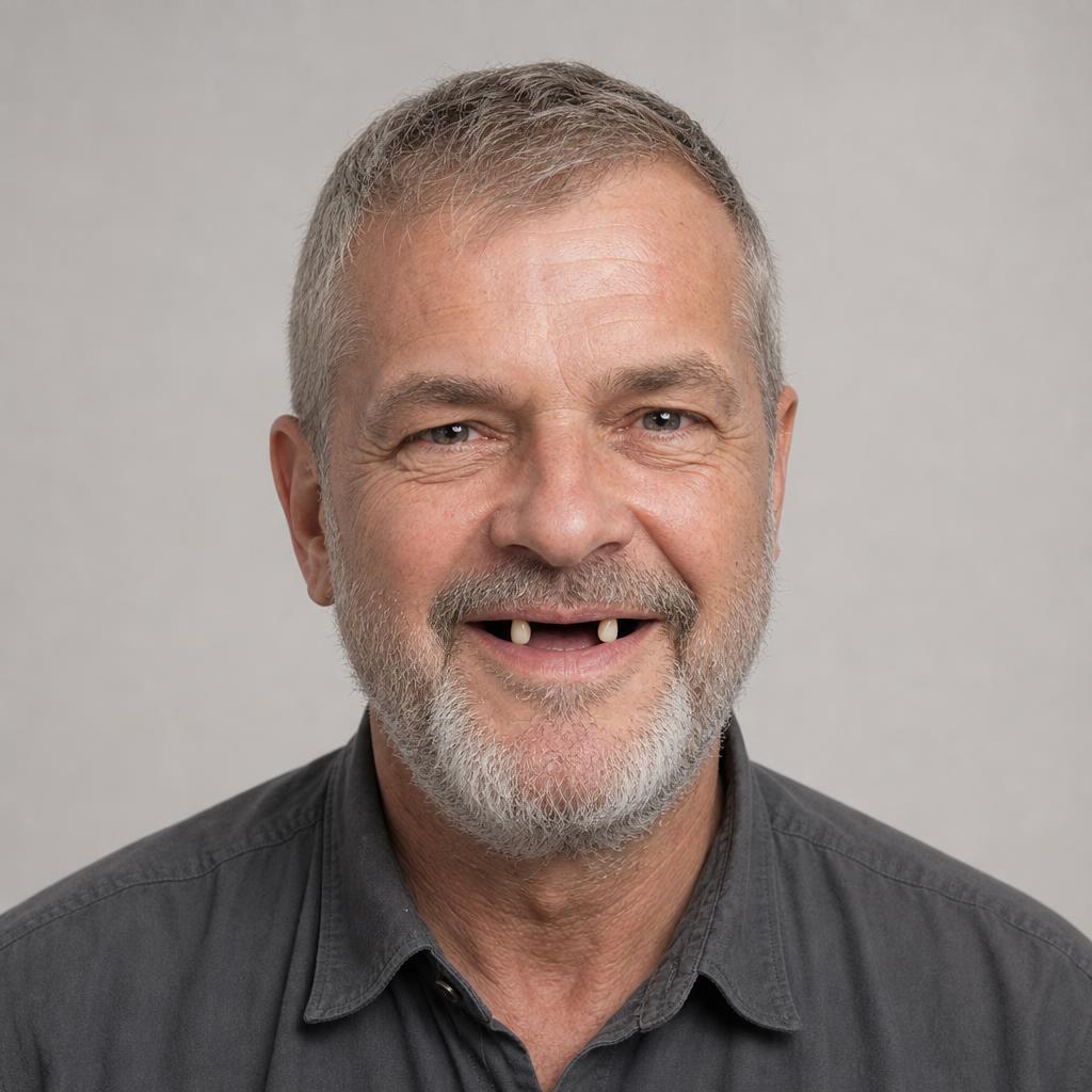 Patient before full upper arch dental implants — failing upper teeth